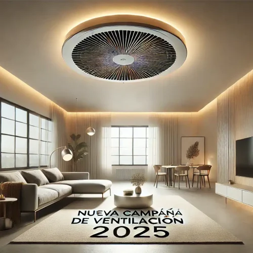 DALL·E 2025-01-29 14.51.45 - Imagen para blog de la nueva campaña de ventilación 2025. Un ventilador de techo moderno y elegante con luces LED integradas en un entorno contemporán
